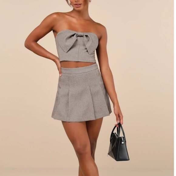 Lulus Brand New Plaid Bow Crop Top & Tweed Box Pleated Skort - Picture 2 of 8